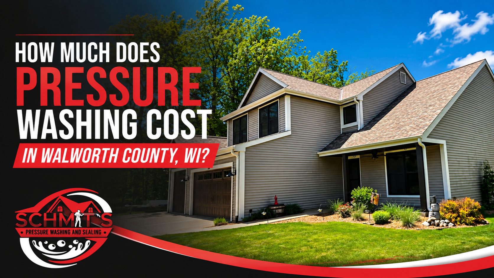 Clean Walworth County home with Schmit’s Pressure Washing and Sealing branding and pressure washing cost guide title.